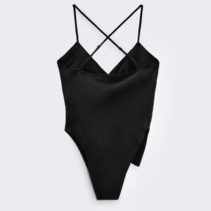 Zara black asymmetrical spaghetti strap V-neck bodysuit sweetheart neckline XS
